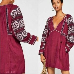 Free People  Embroidered Tassel Tunic Burgundy L Boho Haute Hippie Beachy